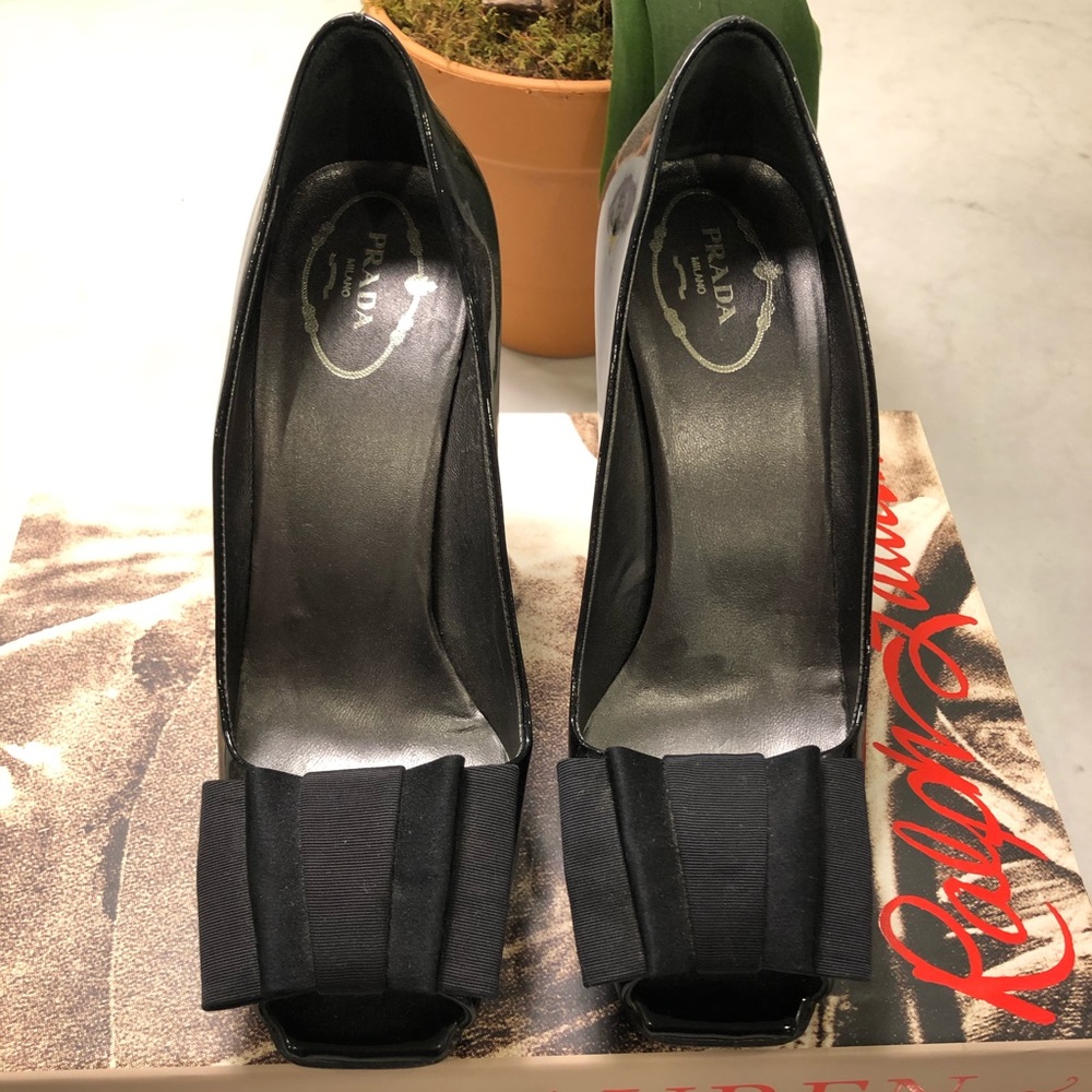 Prada Black Peep Toe Pumps with Bow Detail
